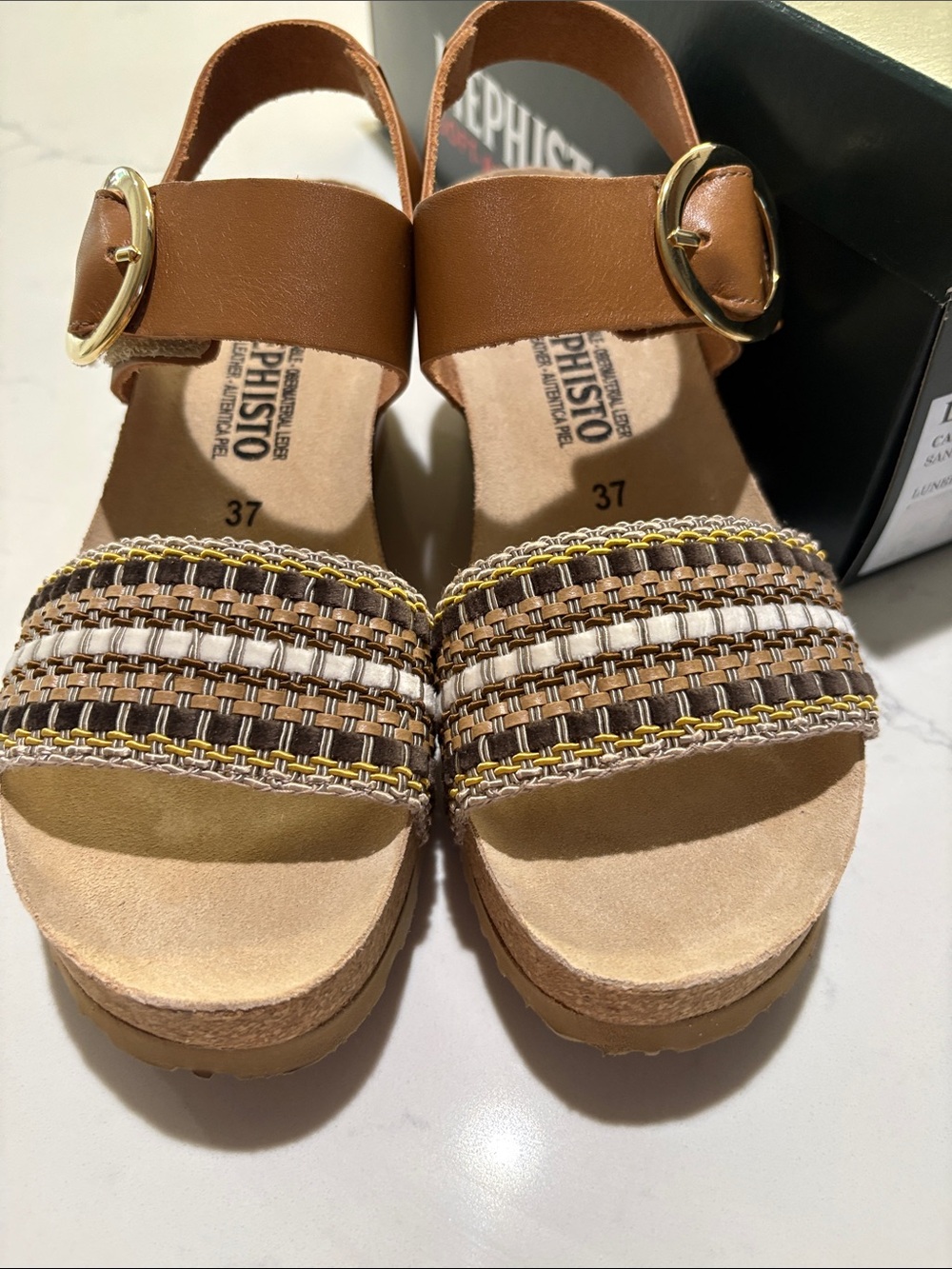Mephisto Women's Tan Braided Strap Cork Wedge Sandals - Picture 4 of 6